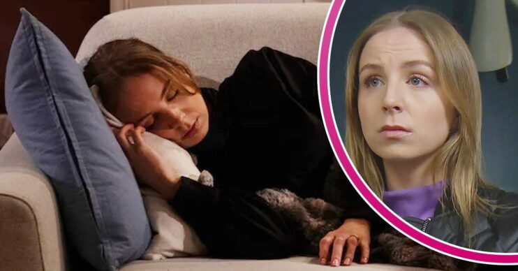Belle sleeping on sofa; inset, looking worried (Credit: ITV/Composite: ED!)