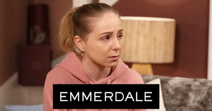 Belle looks worried on Emmerdale; inset, soap logo (Credit: ITV/Composite: ED!)