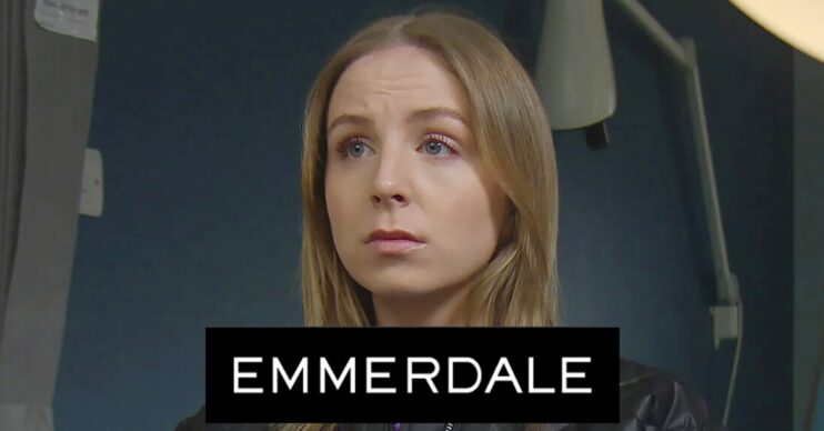 Belle looks worried on Emmerdale; inset, soap logo (Credit: ITV/Composite: ED!)