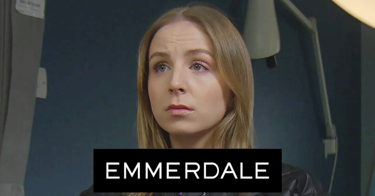 Belle looks worried on Emmerdale; inset, soap logo (Credit: ITV/Composite: ED!)