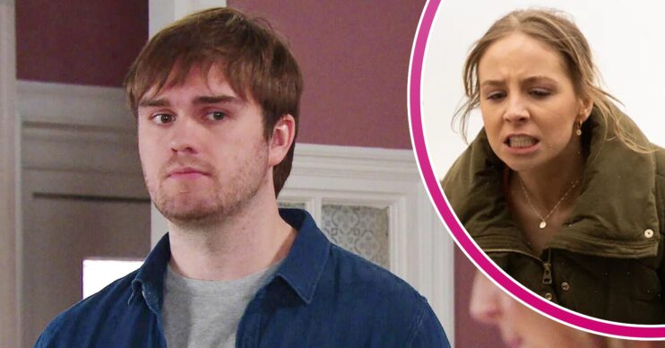 Tom looks sinister on Emmerdale; inset, angry Belle (Credit: ITV/Composite: ED!)