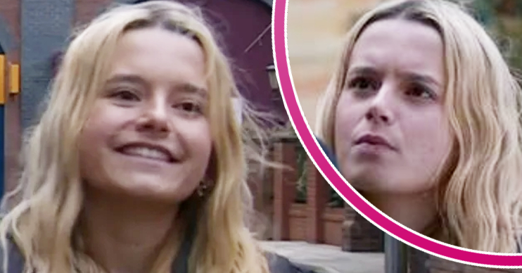 Coronation Street's Betsy is smiling, and in a bubble Betsy is serious