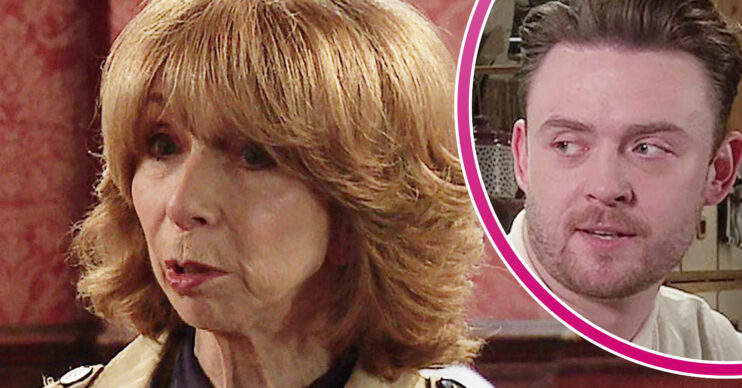Coronation Street's Gail, and in a bubble is Joel