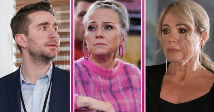 Composite image of Sharon, linda and Callum on EastEnders, all looking worried (Credit: BBC/Composite: ED!)