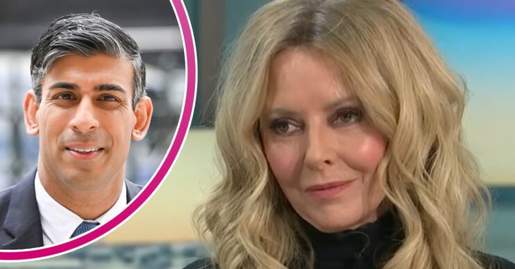 Carol Vorderman looking cross and Rishi Sunak inset