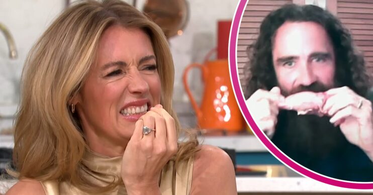 Cat Deeley looking disgusted and a man inset eating raw chicken