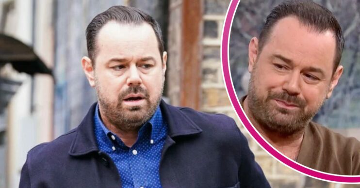 Mick Carter looks worried on EastEnders. inset, actor Danny Dyer (Credit: BBC/Composite: ED!)