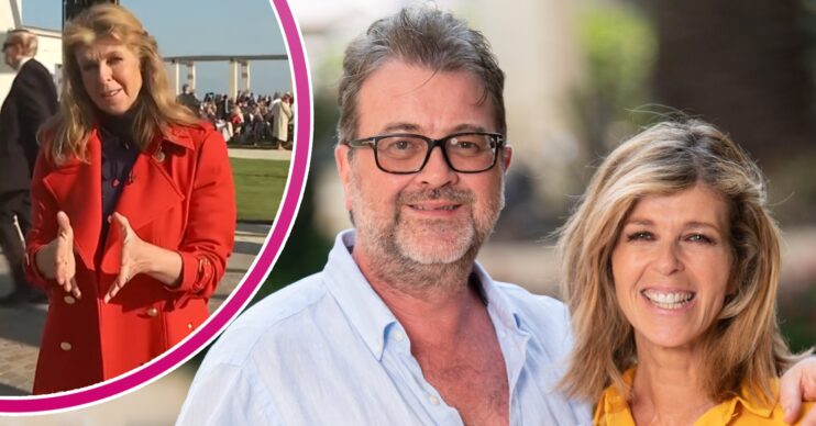 Derek Draper and Kate Garraway smiling and Kate inset in a red coat