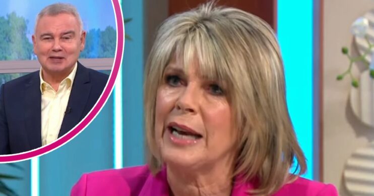 Ruth Langsford talking on Lorraine beside a smirking Eamonn Holmes