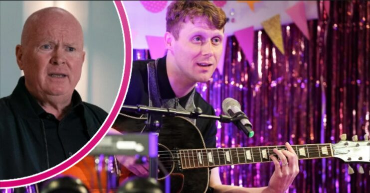 Jay is playing the guitar; Phil looks angry. (Credit: BBC/Composite: ED!)