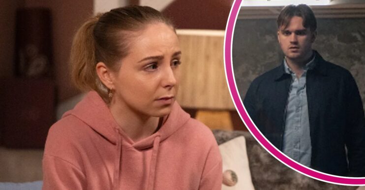 Belle looks concerned as Tom looks angry in Emmerdale