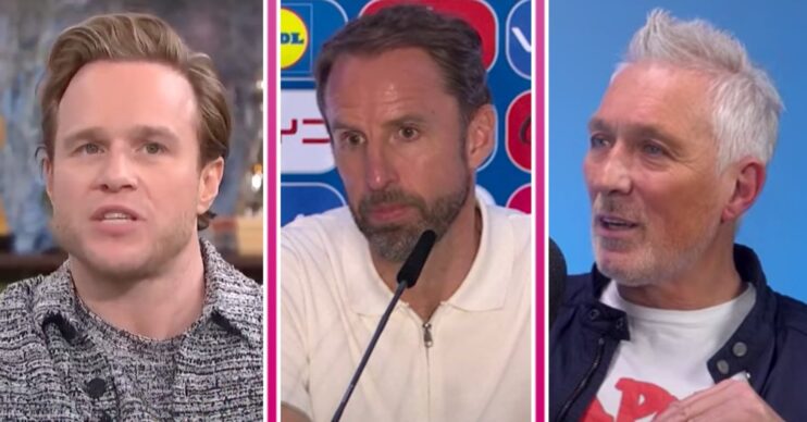 Olly Murs looks to his side, England football manager Gareth Southgate takes questions, Martin Kemp looks serious