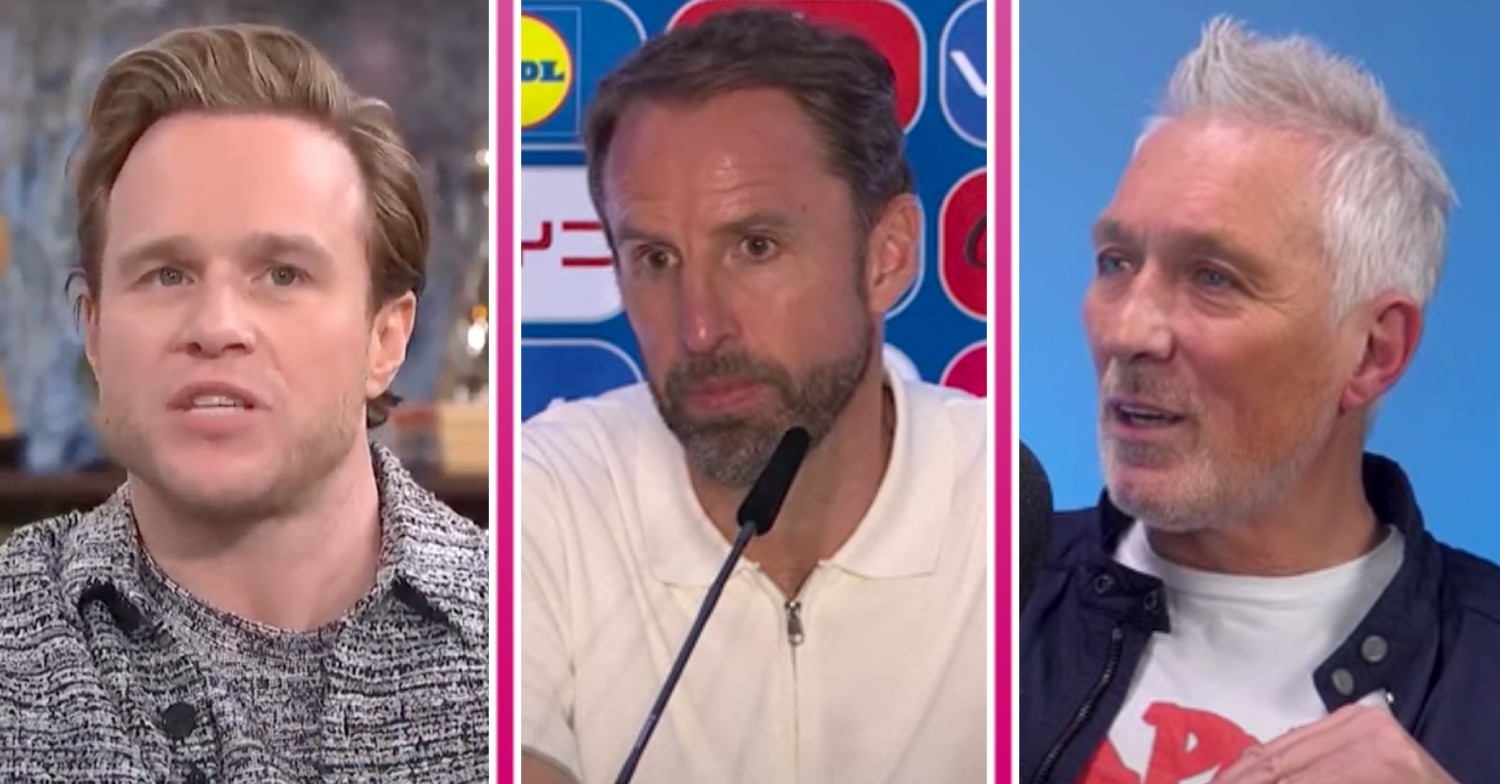 Olly Murs looks to his side, England football manager Gareth Southgate takes questions, Martin Kemp looks serious