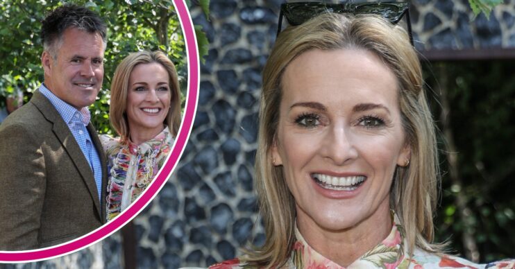 Gabby Logan smiling with husband Kenny in ED composite