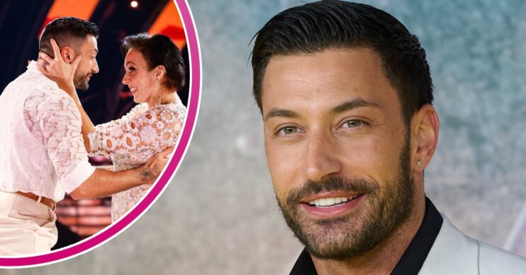 Giovanni Pernice on the red carpet in a white blazer and inset dancing with Amanda Abbington