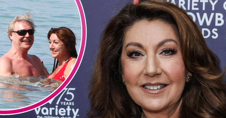 Jane McDonald smiling and with fiance Ed inset in the sea