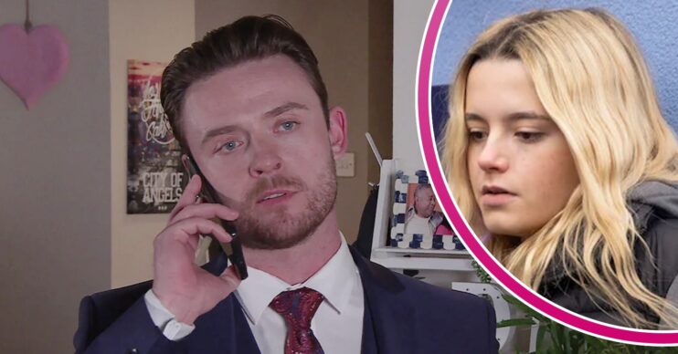 Joel on the phone in Corrie; inset, Sabrina's friend (Credit: ITV/Composite: ED!)
