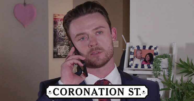Joel looking shady on the phone in Coronation Street; logo inset (Credit: ITV/Composite: ED!)