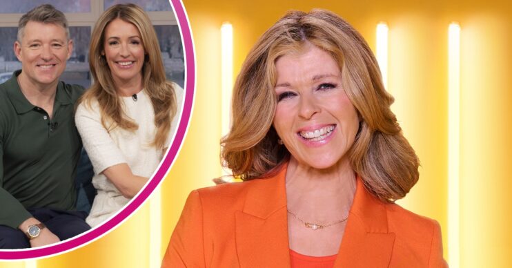 Kate Garraway smiling and Ben Shephard and Cat Deeley inset