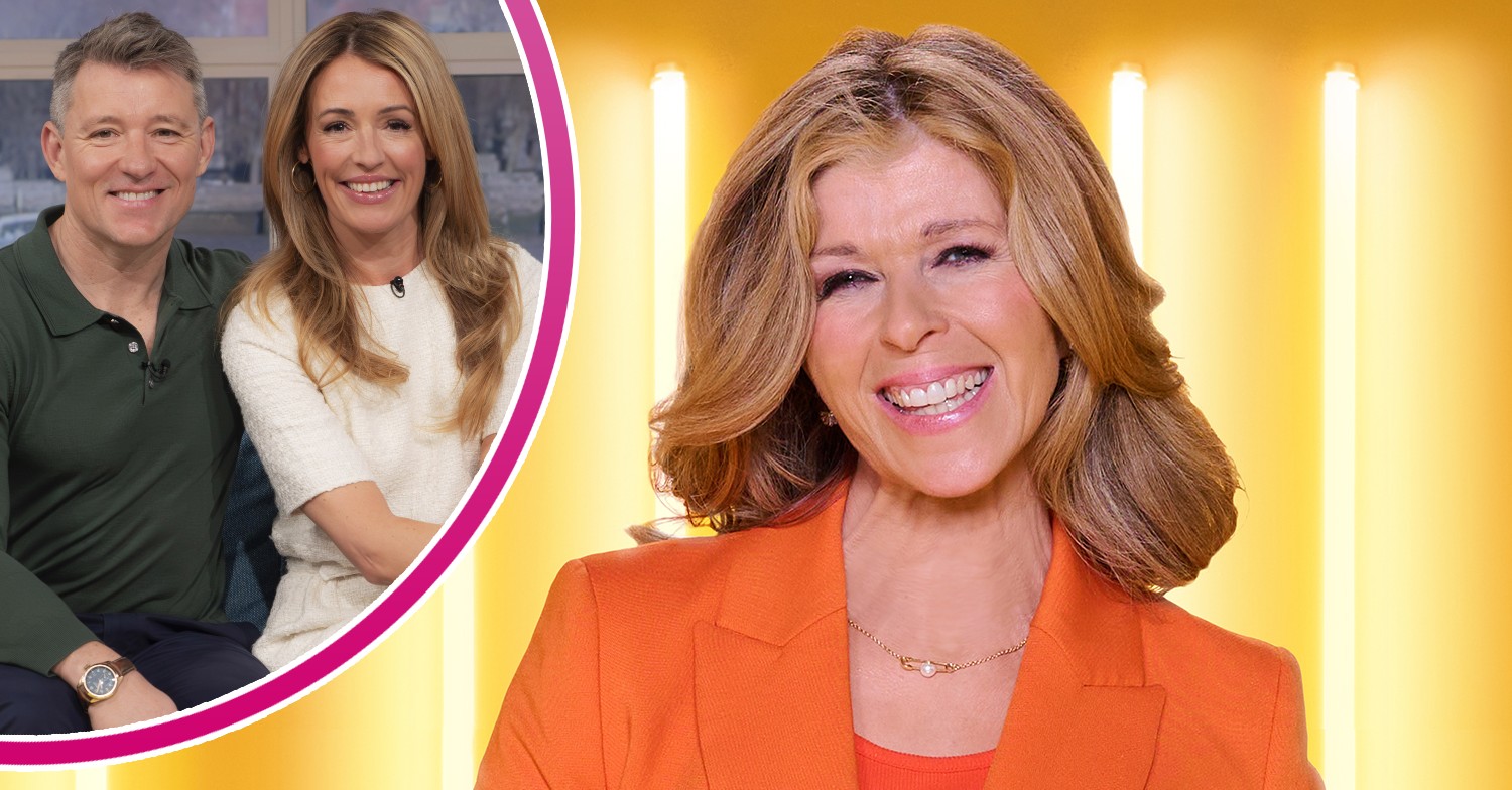 Kate Garraway smiling and Ben Shephard and Cat Deeley inset