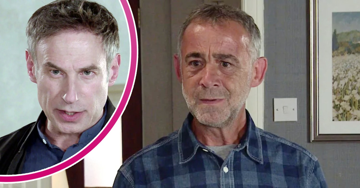 Kevin looks angry on Corrie; inset, Stefan looking sinister (Credit: ITV/Composite: ED!)
