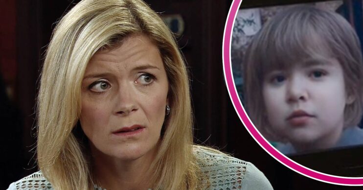 Leanne looks worried on Corrie; inset, baby Oliver on a laptop screen (Credit: ITV/Composite: ED!)