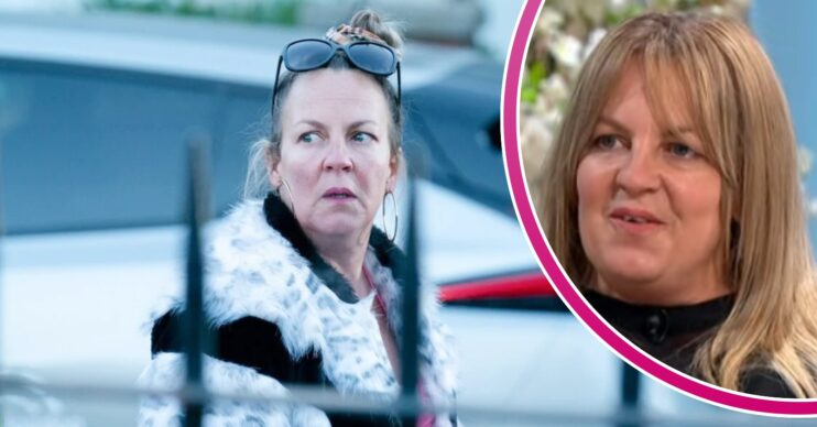 Karen looks worried on EastEnders; inset, actress Lorraine Stanley (Credit: BBC/Composite: ED!)