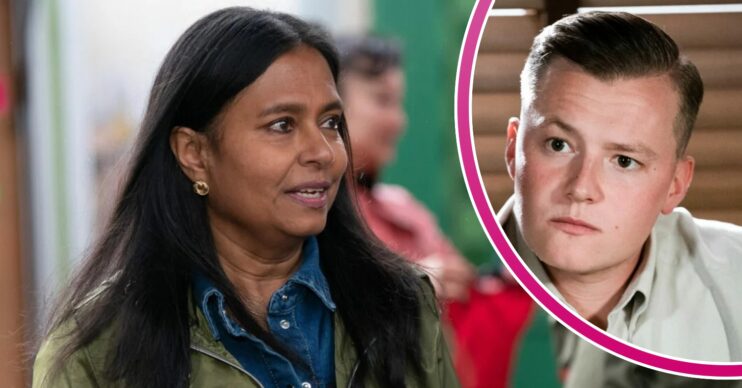 Maya on EastEnders; inset, Aaron looking aggressive (Credit: BBC/Composite: ED!)