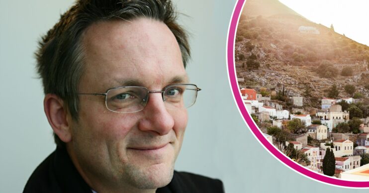 Dr Michael Mosley smiling in a headshot and the island of Symi inset