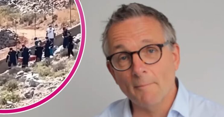 Dr Michael Mosley speaking to camera and his body being taken off the hillside