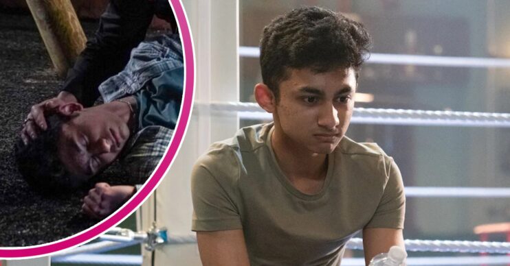 Nugget looks worried on EastEnders; inset, passed out (Credit: BBC/Composite: ED!)