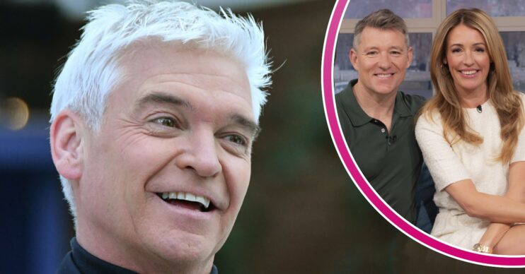Phillip Schofield in black and Ben Shephard and Cat Deeley inset
