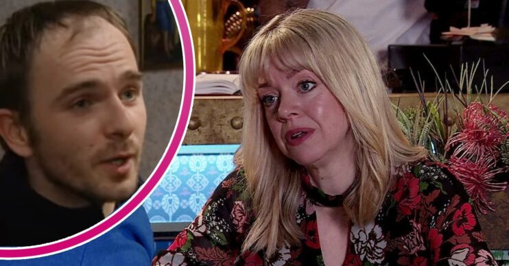 Toyah talking on Corrie; inset, Phil Simmonds (Credit: ITV/YouTube./Composite: ED!)
