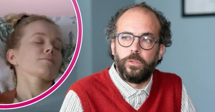 Reiss looks worried on EastEnders; inset, wife Debbie in a coma (Credit: BBC/Composite: ED!)