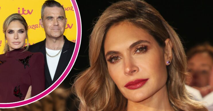 Ayda Field wearing red lipstick and inset with husband Robbie Williams