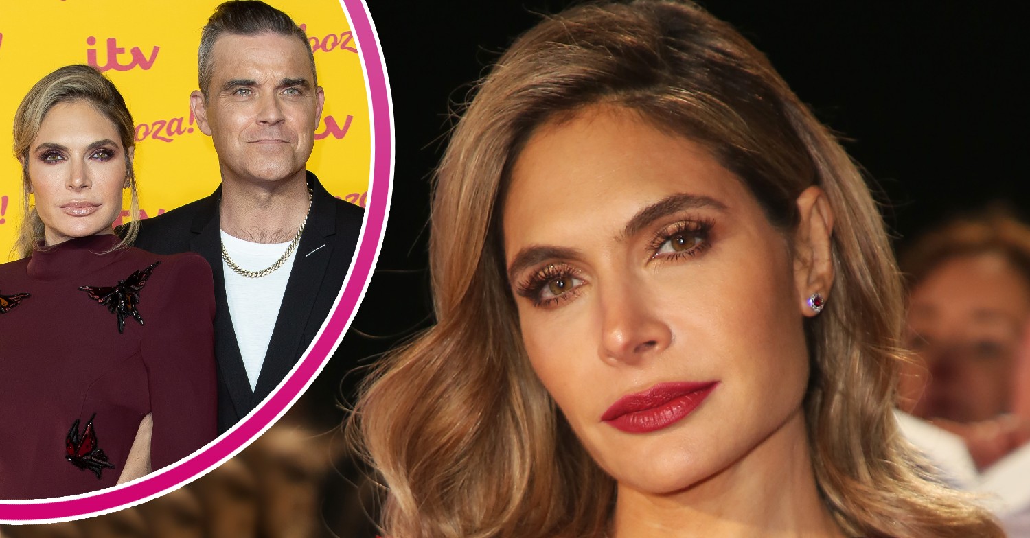 Ayda Field wearing red lipstick and inset with husband Robbie Williams