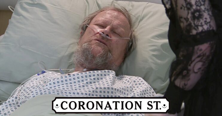 Roy in hospital bed on Coronation Street; inset, soap logo (Credit: ITV/Composite: ED!)