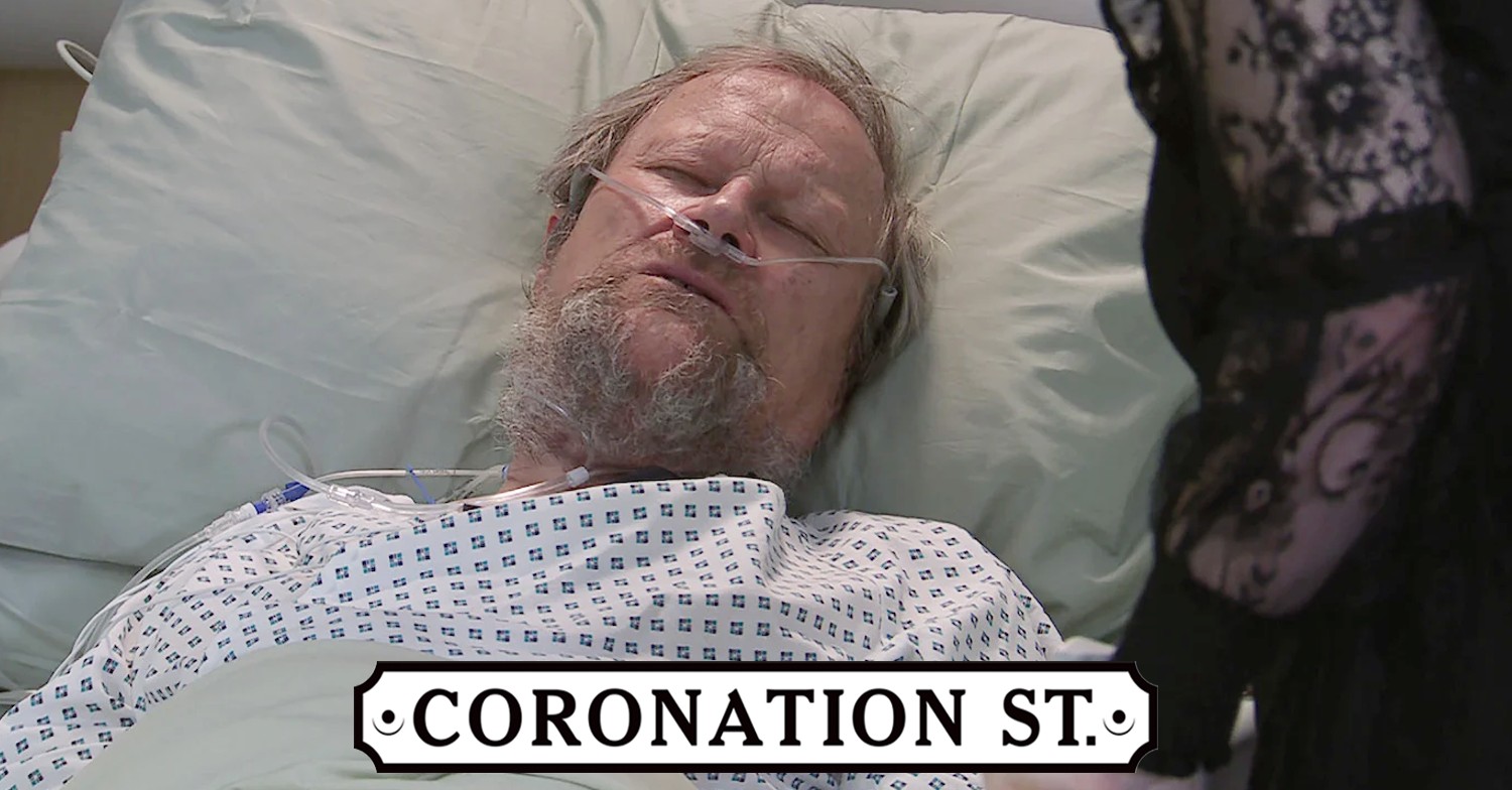 Roy in hospital bed on Coronation Street; inset, soap logo (Credit: ITV/Composite: ED!)