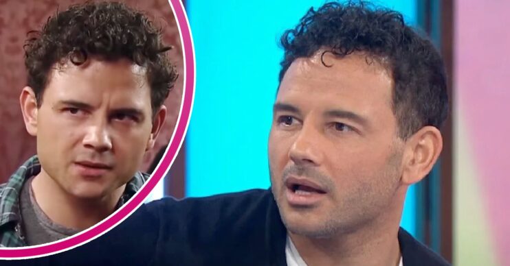 Ryan Thomas in an interview on ITV; inset, as Jason Grimshaw (Credit: ITV/YouTube/Composite: ED!)