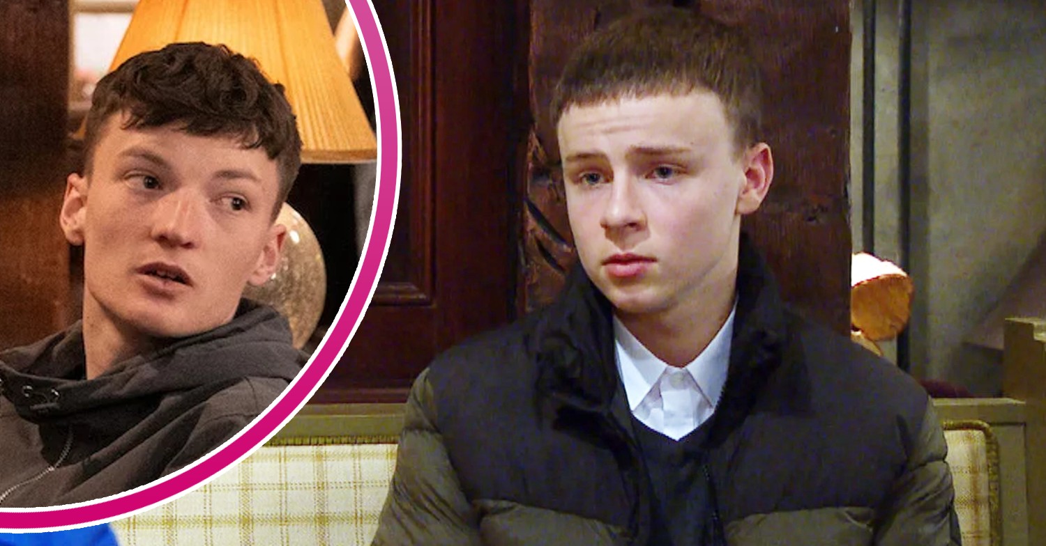 Samson looks worried on Emmerdale; inset, Josh looking aggressive (Credit: ITV/Composite: ED!)