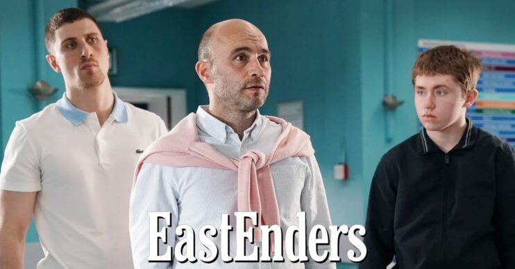Teddy, Barney and Harry Mitchell on EastEnders; logo inset (Credit: BBC/Composite: ED!)