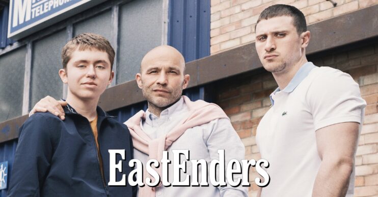 Teddy and his sons on EastEnders, with soap logo (Credit: BBC/Composite: ED!)