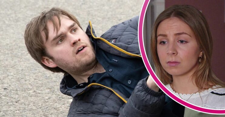 Tom looks scared on the ground on Emmerdale; inset, Belle looks sad (Credit: ITV/Composite: ED!)
