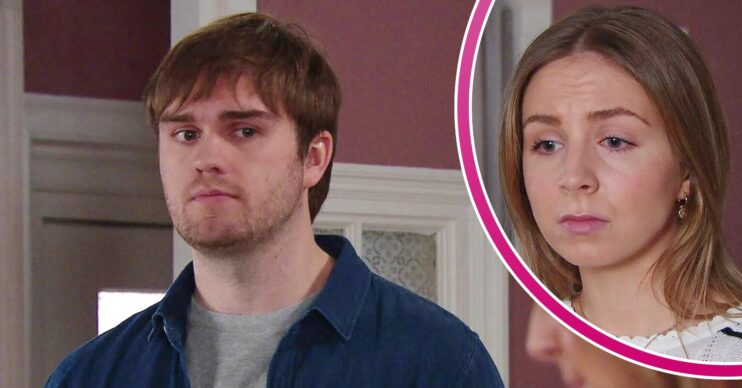 Tom looks menacing on Emmerdale; inset, Belle looking worried (Credit: ITV/Composite: ED!)