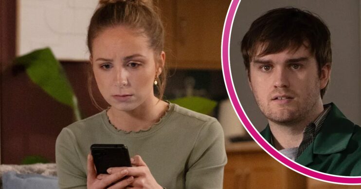 Belle looking at her phone on Emmerdale, shocked. Inset, Tom looks angry (Credit: ITV/Composite: ED!)