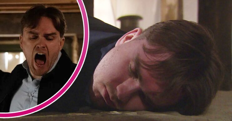 Tom lying unconscious in Emmerdale; inset, looking angry (Credit: ITV/Composite: ED!)