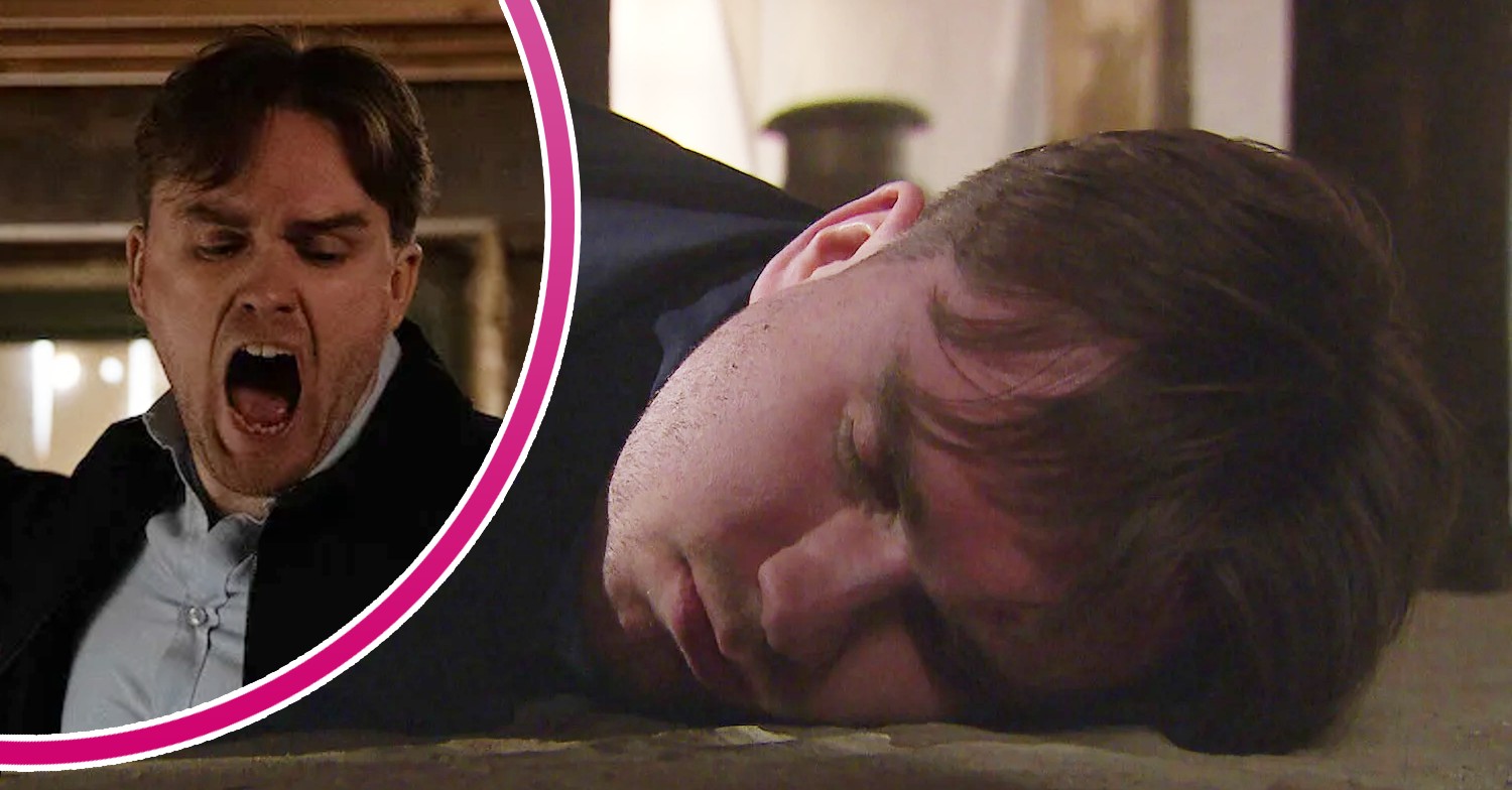 Tom lying unconscious in Emmerdale; inset, looking angry (Credit: ITV/Composite: ED!)