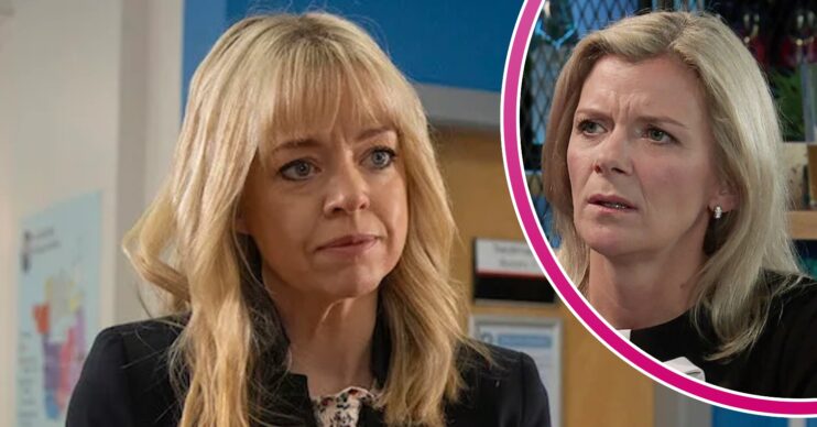 Toyah looks worried on Corrie; inset, sister Leanne (Credit: ITV/Composite: ED!)