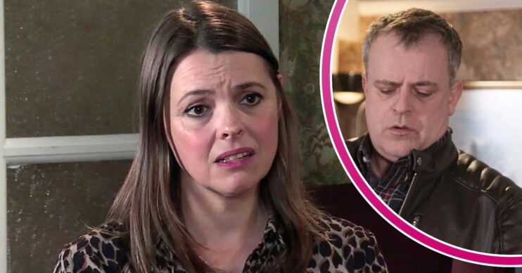 Tracy Barlow looks worried on Corrie; inset, Steve (Credit: ITV/Composite: ED!)