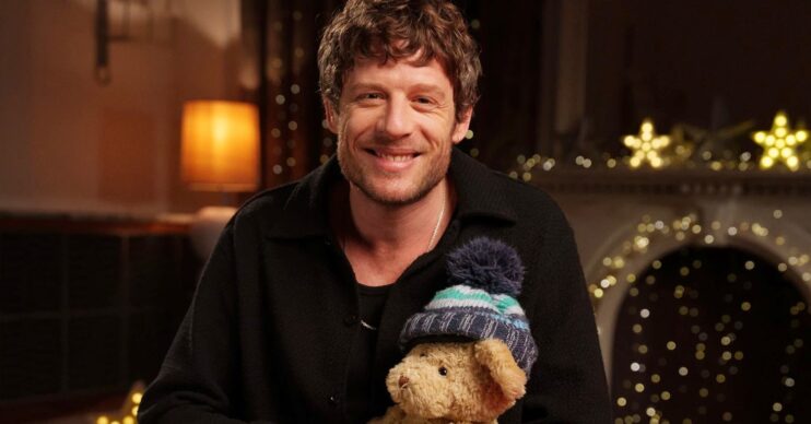 James Norton holds a cuddly bear hosting CBeebies' Bedtime Story